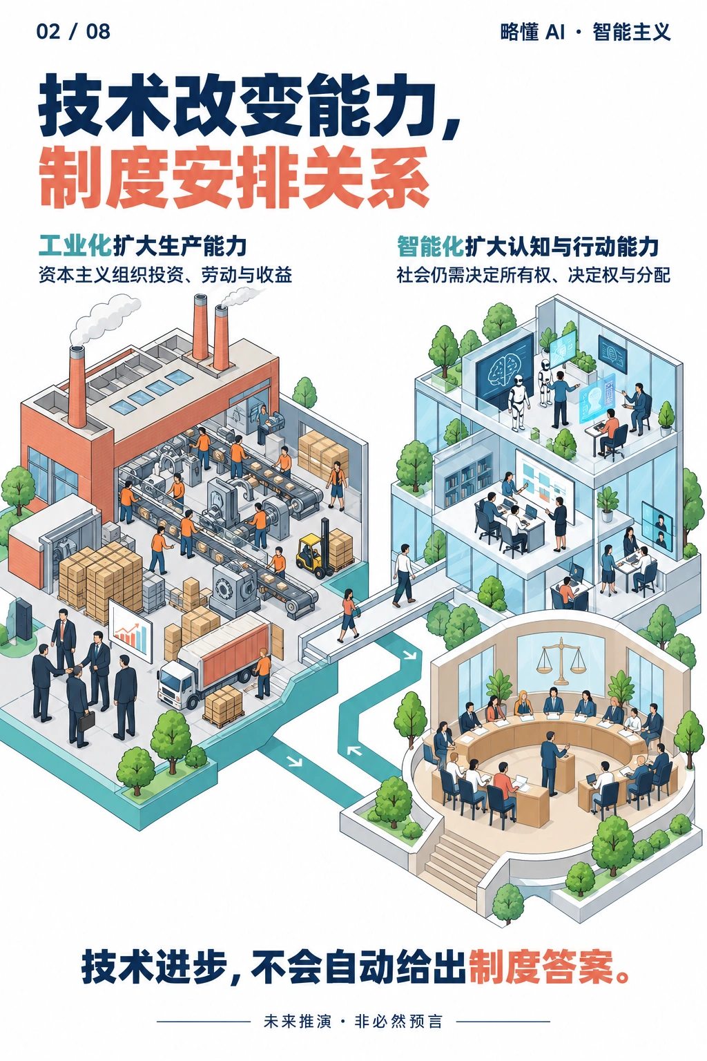 工业生产与组织规则两部分并列,说明技术扩大能力、制度安排关系。