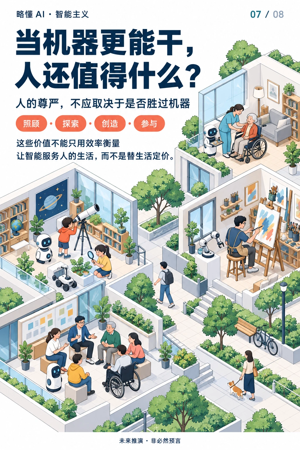 人类生活场景与智能系统并列,讨论尊严与人生意义。