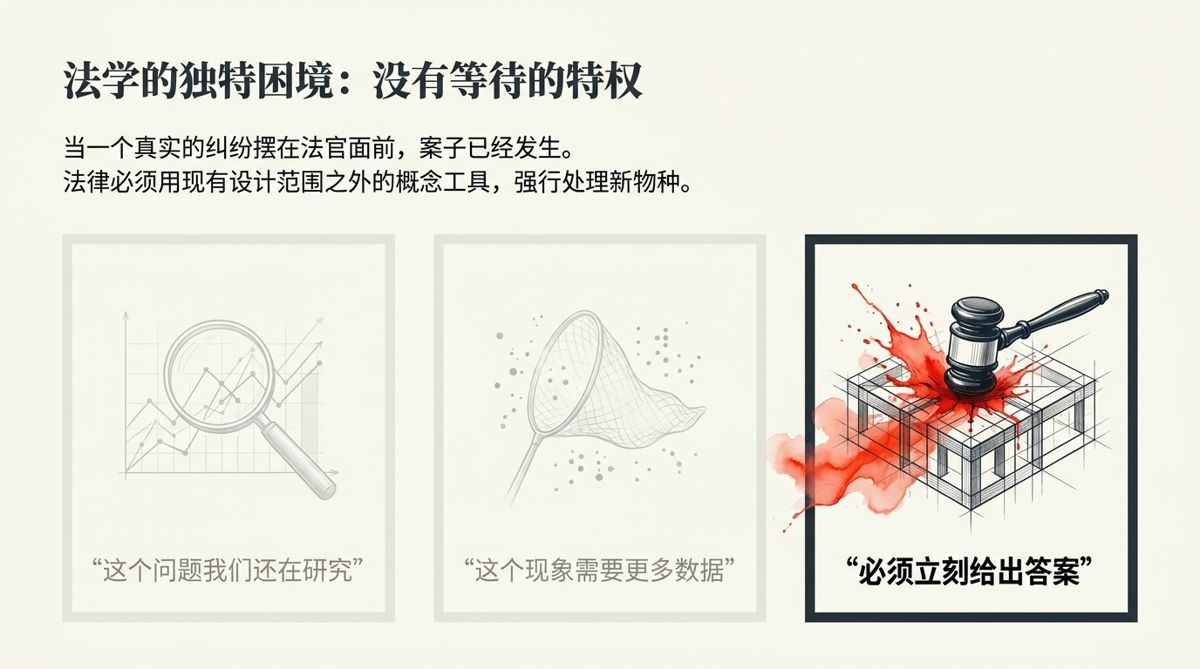 三格对照：其他学科可以研究等待，法律必须立刻给出答案