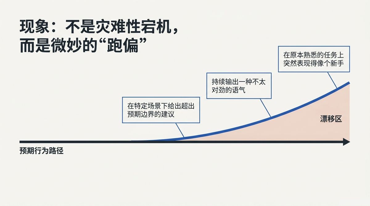 智能体行为偏离预期路径的漂移区曲线，标注三种典型跑偏