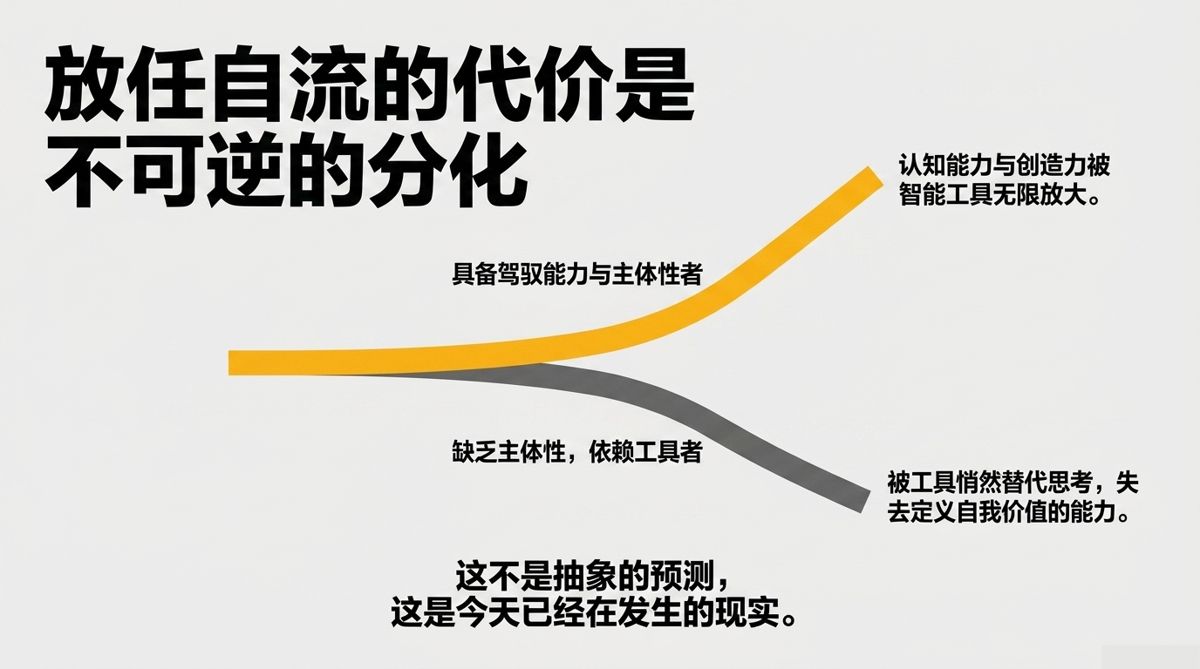 两条分叉曲线：有主体性者被放大，依赖工具者失去自我定义能力