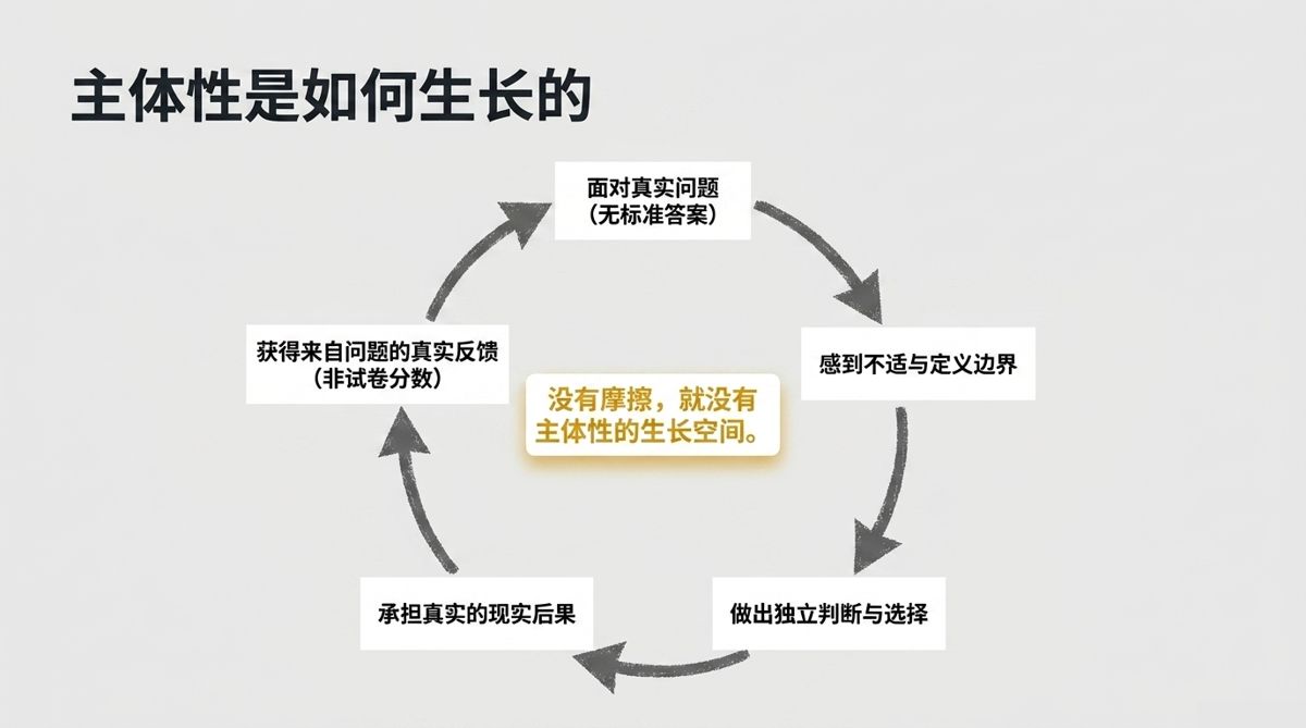 主体性生长的五环闭环：真实问题、不适、独立判断、承担后果、真实反馈