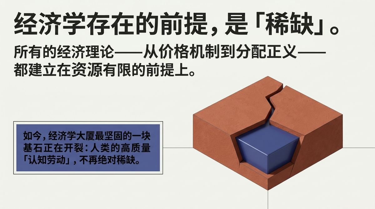 经济学基石开裂：高质量认知劳动不再绝对稀缺的立方体裂痕示意