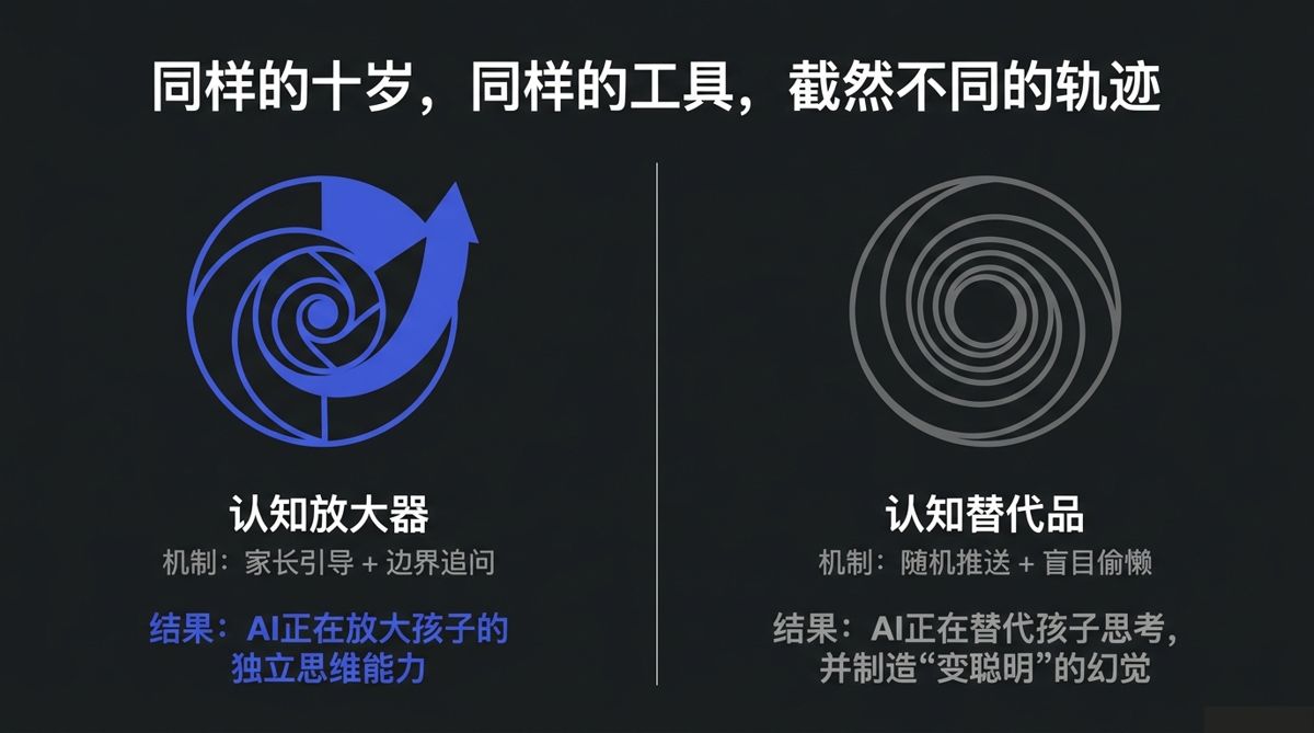 同龄孩子用AI的两条轨迹：认知放大器与认知替代品的螺旋对照