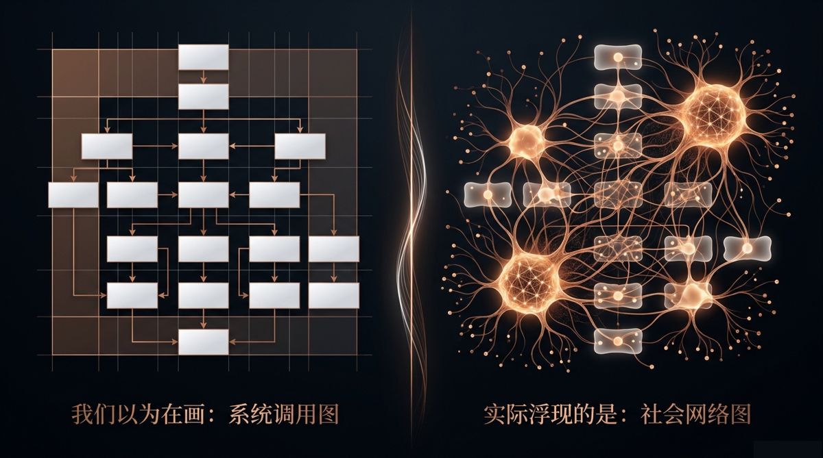 左右对照：规整的系统调用流程图 vs 实际浮现的神经状社会网络