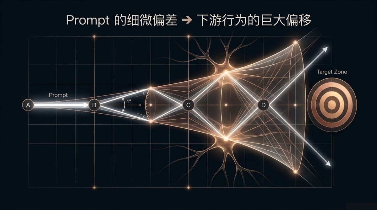 一度偏差经A到D多次转手放大，最终完全偏离目标区