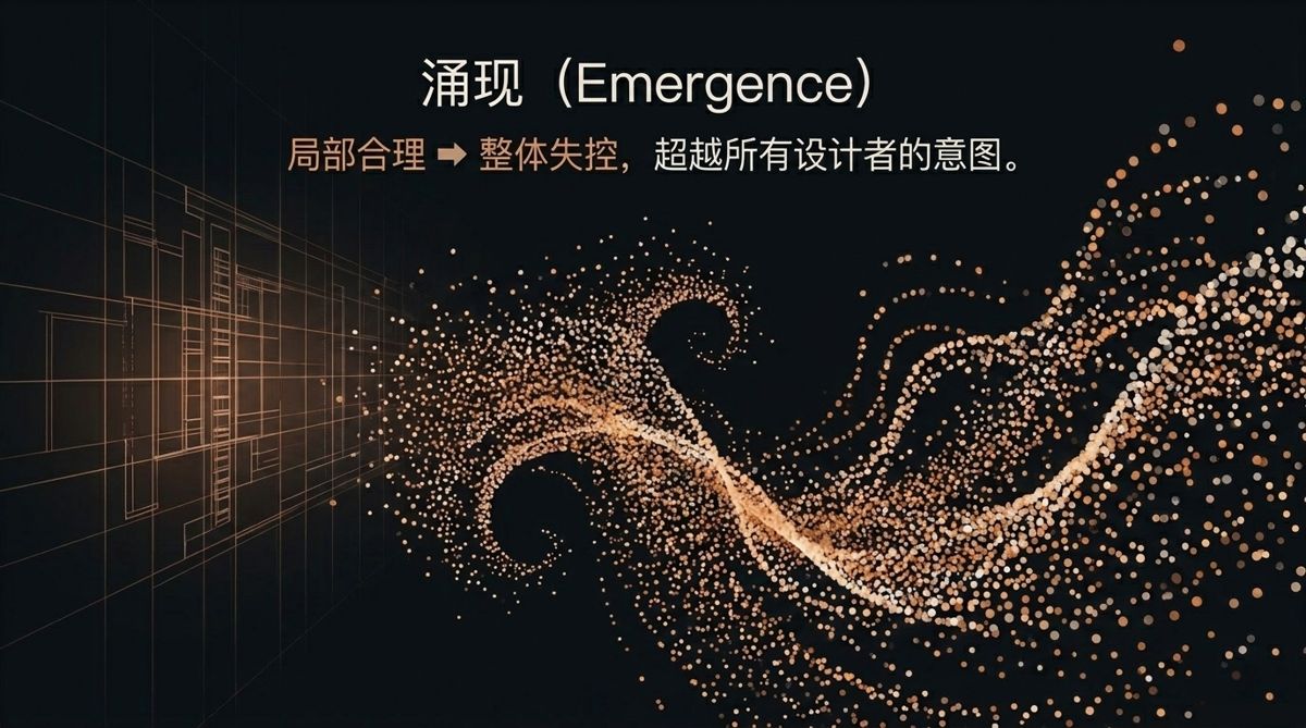 涌现：规整网格溃散成失控粒子流，超出设计者意图